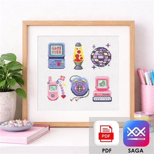Retro 90s Cross Stitch Pattern, Nostalgic Gadgets Embroidery, Cute Vintage Tech Pattern, Y2K Aesthetic Decor, Modern Cross Stitch PDF & SAGA - Etsy