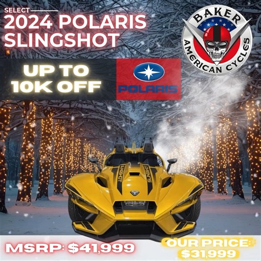 🎄 Holiday Steal at Baker American Cycles! 🎄 Get ready to turn heads this Christmas with the 2024 Polaris Slingshot® R AutoDrive in Gold Rush - a bold, unique ride that delivers unforgettable open-air excitement. Right now, it’s $10,000 OFF! Top Highlights: ✨ AutoDrive transmission: effortless, automatic shifting for smooth cruising ✨ ProStar 2.0L 203 HP engine: thrilling power with every launch ✨ R-Level performance features: upgraded braking, handling, and styling ✨ Premium Rockford Fosgate a