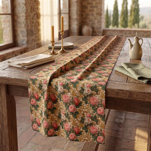 Table Runner Pink Roses Gold Baroque Scroll | Grandmillennial Dining Decor - Etsy
