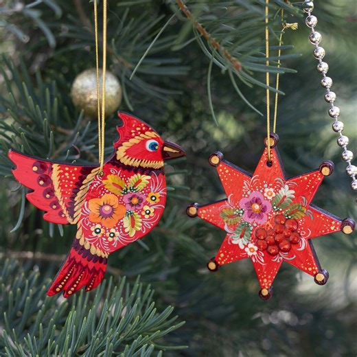 Cardinal Ornaments Set Wooden Hand-painted Red Bird Cardinal Christmas Tree Star Flat Ornaments Rustic Floral Ukrainian Painting Folk Art - Etsy