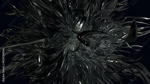 A mesmerizing 3D digital artwork showcasing an intricate, abstract structure, blending lines and shapes. Various materials like metal, glass, and reflective surfaces add depth and complexity to piece