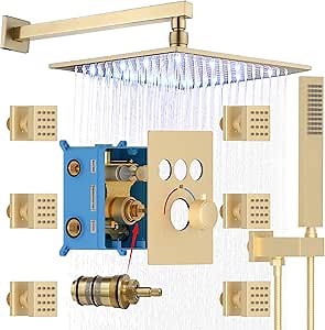Enga Wall Mount Brushed Gold Rainfall Shower Head System Thermostatic Shower Can Use All Faucets At Same Time,12 Inch LED Square Showerhead with Handheld and Multi Body Spray Jets Combo Complete Set