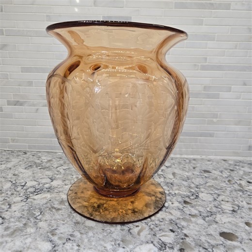 Vintage Amber Depression Glass Vase - 9" Footed Floral Etched Glass - 1930s Elegant Glass Flower Vase - Tiffin or Cambridge Style Home Decor
