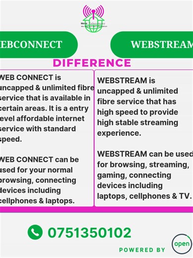 Know the difference between WEBCONNECT & WEBSTREAM in order for you to be able to choose the package that meets your needs. For more infor WhatsApp 075 135 0102 #moruotelecomms #openserver #uncappedwifi #wifi #GetConnected&StayConnected #Webconnect #webstream