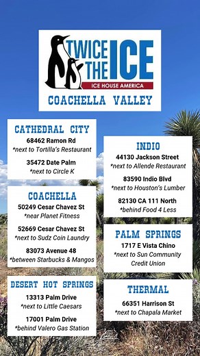 🧊TWICE THE ICE🧊 - Ice & Water Supplier of Coachella Valley 🌵 We manufacture fresh, high-quality ice & water w/ unparalleled convenience & value w/ 1️⃣2️⃣ Coachella Valley locations. ⏰: Open 24/ 🌵 Download the TTI Club app and get a FREE bag of ice on us!!! (link in bio). 🌵 #icesupplier #watersupplier #twicetheice #coachellavalley #cathedralcity #coachella #deserthotsprings #indio #palmsprings #thermal