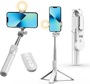 43'' Selfie Stick Tripod with Light, Wireless Remote Bluetooth Selfie Stick for iPhone 15 14 13 Pro Max and More Smartphones White