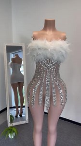 Ocstrade Diamond Backless Off Shoulder Club Dress Rhinestone Party Green Feather Mini Dress Crystal Glitter Further Dress
