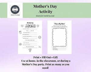 All About My Mom Printable Worksheet – Mother's Day Activity for Kids – A4 PDF – Drawing & Questionnaire Page – Classroom or Home Use - Etsy