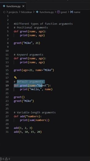 Python Function Arguments Explained in 45 Sec (All Types)#python#shorts#hitcodear#functionarguements