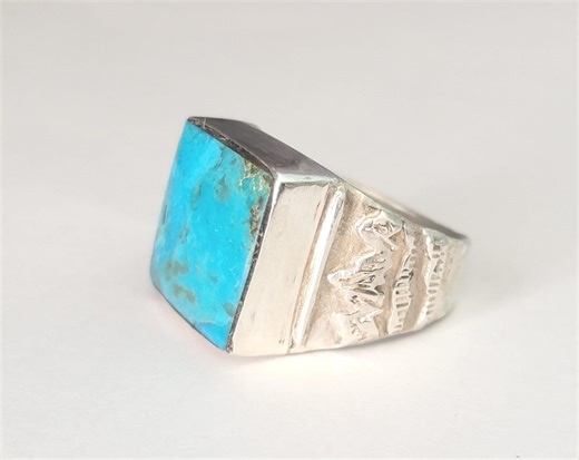Turquoise Ring, Handmade Natural Stone Sterling Silver Mens Ring, Artist Mountain River Hefty Statement Square Stone Signet - Etsy
