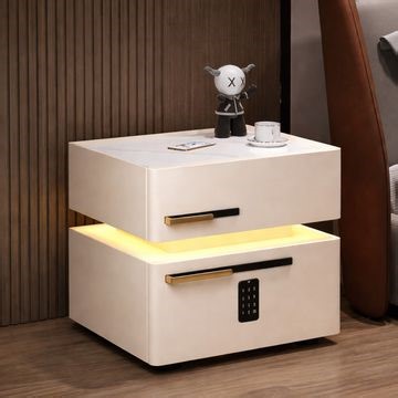 Madiega Furniture - Modern Khaki 2-Drawer Nightstand with Smart Motion Sensor LED and Digital Lock
