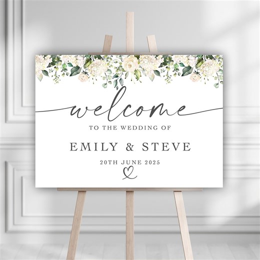 Wedding Welcome Sign, Elegant Printed Reception Sign, Personalised White Rose, Wedding Signage - Etsy UK