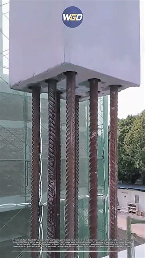 Precast concrete column with inner sleeve guide holes installs onto foundation rebar cage
