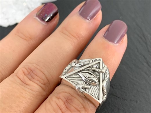 All-seeing Eye Triangle Ring - Sterling Silver Wide Band - Etsy