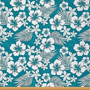 Upholstery Hibiscus Blossoms Fabric By The Yard, Hawaii Style Decorative Fabric for Upholstery and Home DIY Projects, Spring Flower Garden Arrangement Soft Flannel, 1 Yard, White Green
