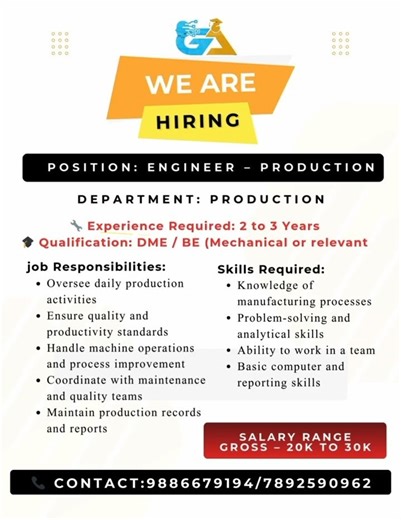 Production Engineer Job Vacancy 💼 | 2–3 Years Exp | Salary ₹20K–₹30K | Apply Now #careerguidance