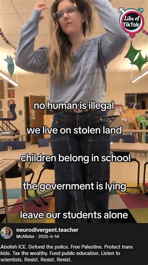 McAlister Huynh, an elementary school teacher in North Carolina who calls herself the "Neurodivergent teacher," films politically-charged videos in her classroom saying: -"No human is illegal on stolen land" -"Teaching is political" -"Defund the police" -"Abolish ICE" -"Protect Trans kids" -"Speak out against what's happening in Minnesota against ICE" This woman is being paid with your tax dollars to indoctrinate your children with far-left propaganda. | Libs of Tik Tok