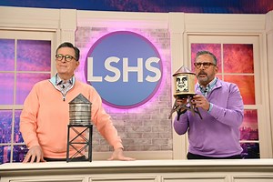 Watch Stephen Colbert and Steve Carell auction off props from 'Late Show' set before cancellation