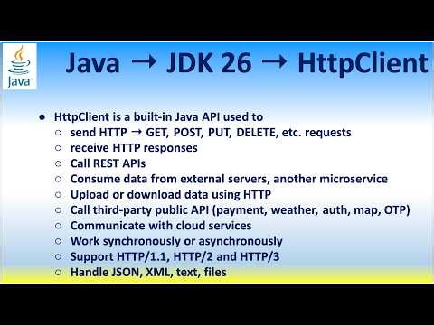 Java → JDK 26 → HttpClient, Call REST APIs, Consume data from external servers, another microservice