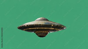 flying alien spaceship, UFO flying spinning on a green screen background, generative ai