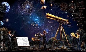 Astronomy students exploring the night sky with a telescope in a scientific study session - UHD 4K Video 60 fps