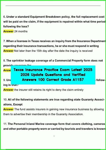 Texas Insurance Practice Exam Latest 2025 2026 Update Questions and Verified Answers 100 Correct