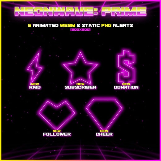 Neonwave Animated Stream Alerts | Retro Synthwave Neon Glow | Pink & Purple Cyberpunk Stream Overlays