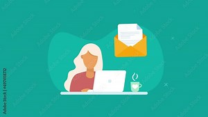 email icon and woman on computer motion animation. freelancer woman on computer. turquoise background