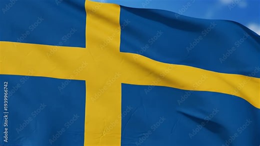 Waving blue and yellow Nordic cross flag against a sky with clouds