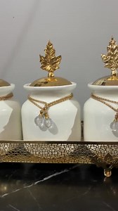 3 Piece Ceramic Jar Set With Gold Metal Stand, Tea Coffee Sugar Storage, Shiny Finish Kitchen Decor - Etsy