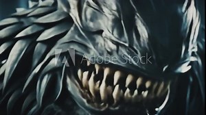 Scary mutant monster with giant teeth and strong jaws. Fantastic predator, fantasy beast. Cinematic sci-fi fantasy video.