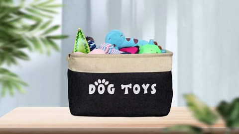 PET ARTIST Dog Toy Basket, Collapsible Dog Toy Bin Box with Comfortable Handles, Large Pet Toy Storage Basket Organizer for Accessories, Toys, Coat & Clothing, Blanket & Leash, Gray, 15"x11"x9"