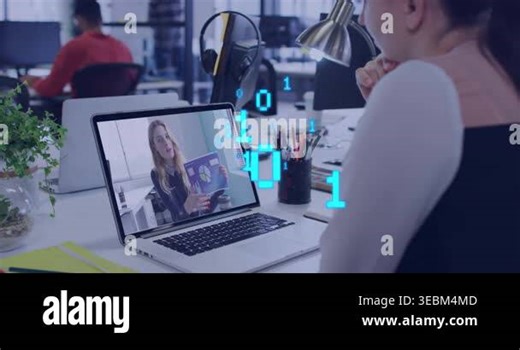 Woman viewer leaning viewing host flipping booklet in office, blue HUD explaining pages on laptop. Computer, presentation, collaboration, focus, document, desk, workspace Stock Video Footage - Alamy