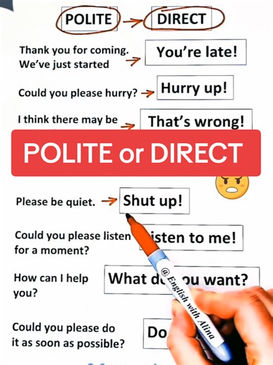Learn POLITE vs. DIRECT Be careful! Oftentimes, DIRECT can be perceived as RUDE. So be very selective when using DIRECT language #learnenglish #englishwithalina #speakenglish #improveyourenglish #LearnOnline