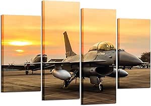 KREATIVE ARTS - 4 Panel Canvas Prints F-16 Fighting Falcon Fighter Jet on Sunset Wall Art Military Airplane Giclee Canvas Pictures Stretched and Framed Paintings Artwork for Home Decor L47xH32