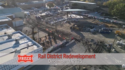 We’re keeping an eye on the redevelopment of the Rail District with our #FriscoFlyover. Crews are laying the brick pavers between 3rd & 5th Streets. The top level of the parking garage has been poured, and the base of the gateway structures have been installed. Please continue to visit downtown businesses during the project. Find public parking, view the construction timeline, and more on the Rail District story map. Link to it at FriscoTexas.gov/Downtown. | City of Frisco TX - City Hall