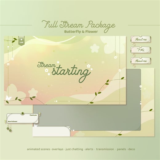 Animated Vtuber Overlay Butterfly Flower Pink Green | Nature Blossom Stream Package | Soft Pastel Animated Background | Cute Twitch Overlay - Etsy
