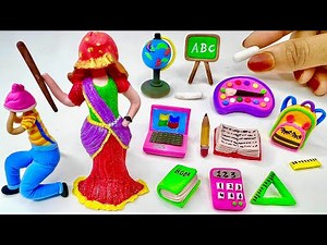 DIY How to make polymer clay miniature School Set, Laptop,back to School supplies | diy stationary