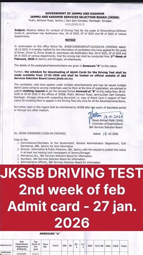 JKSSB Driving Test 2nd Week Feb | Admit Card 27 Jan Out 🚗