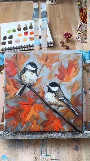 🍂✨ Sneak peek! In this tutorial, you’ll paint vibrant, loose autumn leaves on a soft neutral background — then bring two charming chickadees to life in a warm, expressive fall setting. 🍂 Watch Autumn Chickadees LIVE today, Saturday Sept 6th @2pm ET 🍂 Find the link to watch in the comments🍁Follow Jesse Robertson & Keep It Colourful for more Autumn painting inspo! #acrylicpainting #paintingtutorial #stepbystepart #keepitcolourful #learntopaint #jesserobertson | Jesse Robertson & Keep It Colour