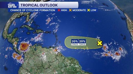 TROPICS | 2pm update from NHC continues to drop development chances with the wave in the Atlantic. The new update drops them to 20%. Satellite pictures indicates low pressure here has really fallen apart. There is no concern about this right now. | Denis Phillips