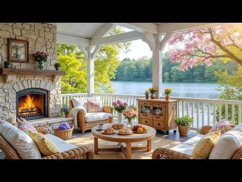 Calm Spring Morning at the Lake 🌺 Gentle Piano Music & Fireplace Sounds for Relaxing