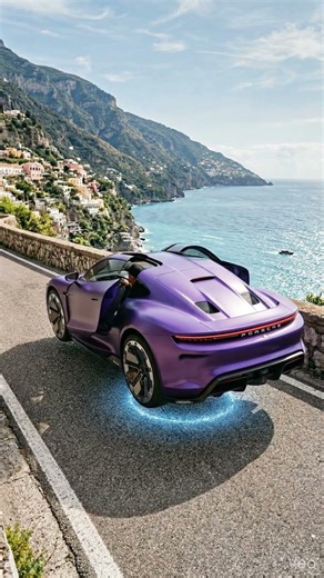 🚗 Satin Purple Porsche — 📍 Amalfi coast cliff ro #cars #futuretech #luxury