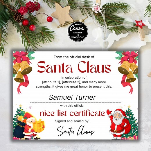 Editable Nice List Certificate Template: Santa Christmas Award & Printable Elf Certificate (digital Download) - Etsy
