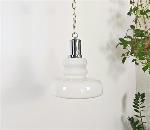 Vintage White Glass Pendant Light / Retro Hanging Ceiling Lamp / Mid Century Style Lighting / Chrome Chain Lamp - Etsy