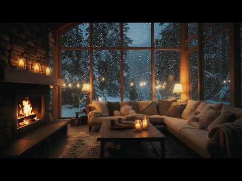 Snow Outside, Fire Inside and Smooth Piano Jazz | Cozy Cabin Winter Ambience for Sleep