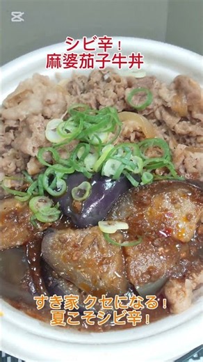 すき家の新メニュー クセになる！夏こそシビ辛！「シビ辛麻婆茄子牛丼」豆板醤、花椒が効いたシビ辛麻婆茄子に牛あいもりで温玉と青ネギでシビれる辛さで最高にうまうま〜🤤😁👍‼️ #すき家 #麻婆茄子