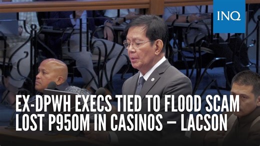 Senate President Pro Tempore Panfilo Lacson reveals that several former officials of the Department of Public Works and Highways, allegedly linked to anomalous flood control projects, lost over P950 million in casinos, with their total transactions exceeding P1 billion. READ: https://newsinfo.inquirer.net/2107125/lacson-ex-dpwh-execs-tied-to-flood-scam-lost-p950m-in-casinos | INQUIRER.net