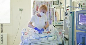 Nurse providing critical care to newborn in hospital intensive care unit. Medical professional monitoring premature baby in incubator. NICU environment with medical equipment ensuring infant health.