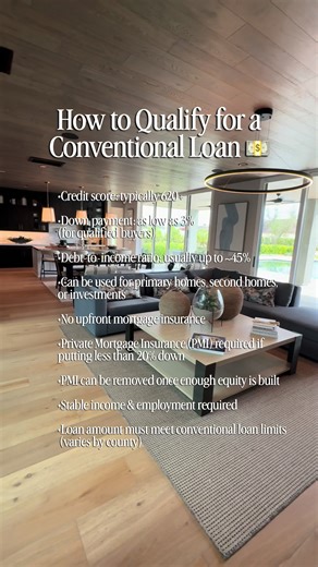 How to Qualify for a Conventional Loan 🏡✨ Conventional loans are one of the most popular mortgage options — but here’s what lenders actually look at 👇 ✅Credit score Most conventional loans require a minimum 620 credit score. The higher your score, the better your interest rate and loan terms. ✅Down payment You don’t need 20% down. Some conventional programs allow as little as 3% down for qualified buyers, especially first-time homeowners. ✅Debt-to-Income Ratio (DTI) Lenders typically look for 